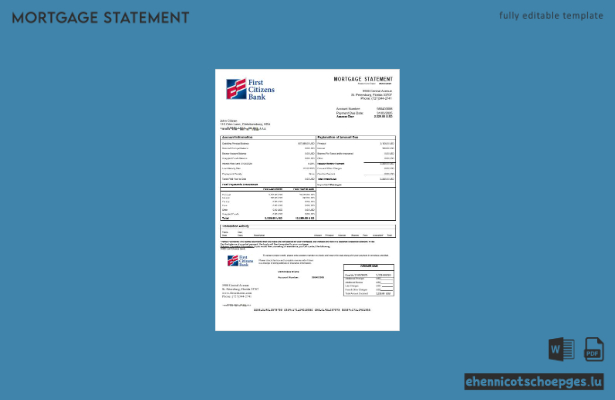 USA First Citizens Bank Hypothekenabrechnung in Word- und PDF-Formaten – Beispielvorschau